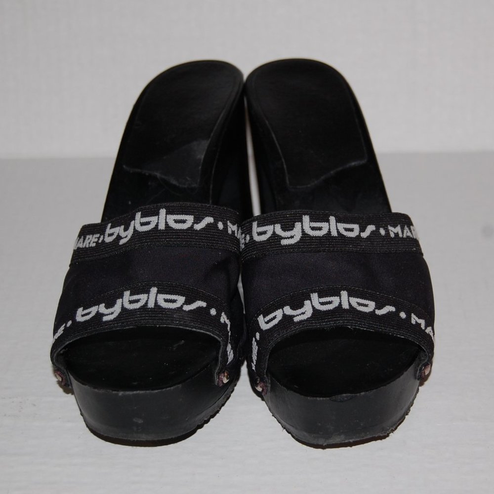 BYBLOS Mare Black SANDALS High Heels Slides OPEN CLOGS size 7